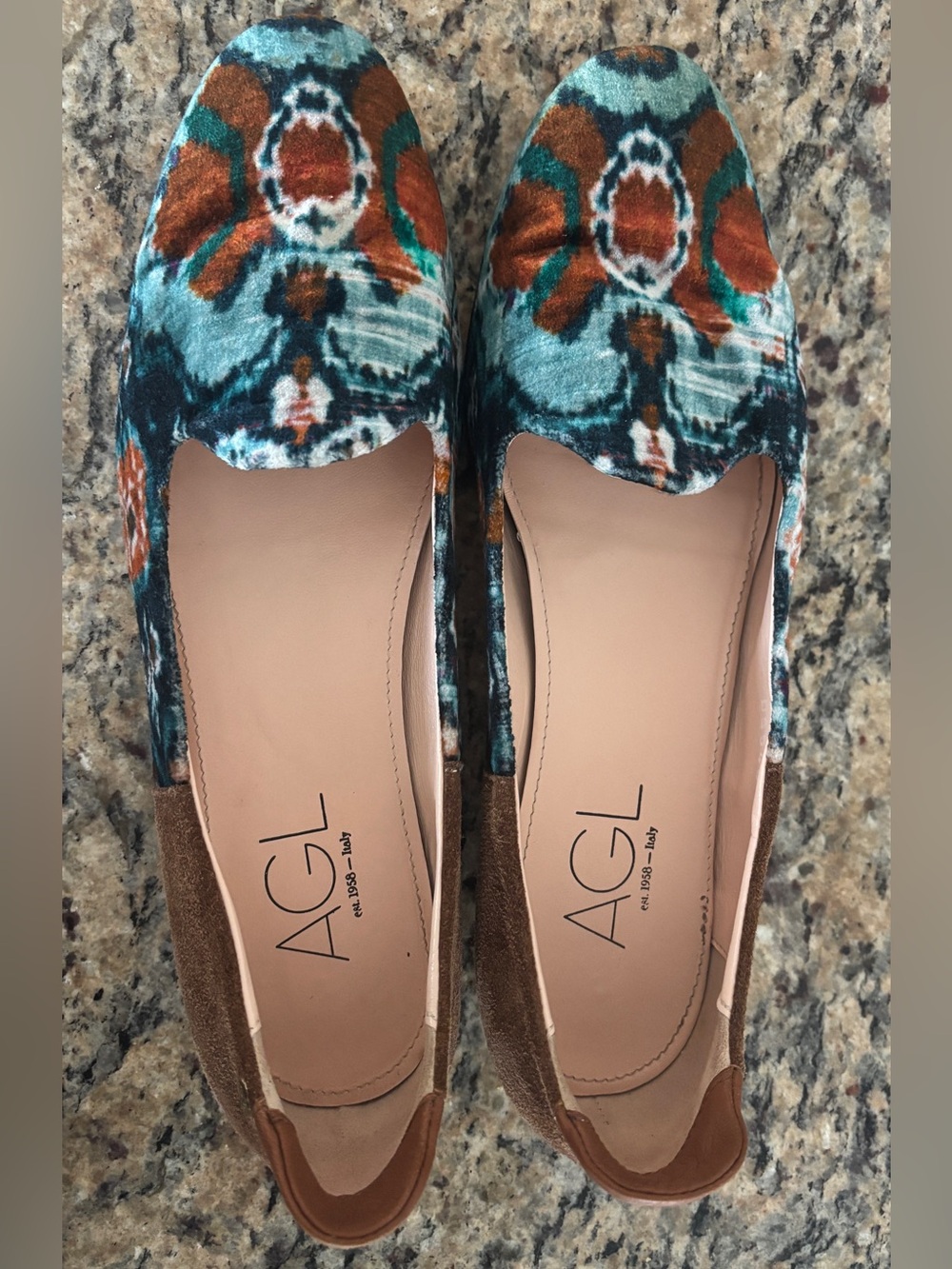 AGL Multicolor Teal and Brown Velvet Patterned Loafers